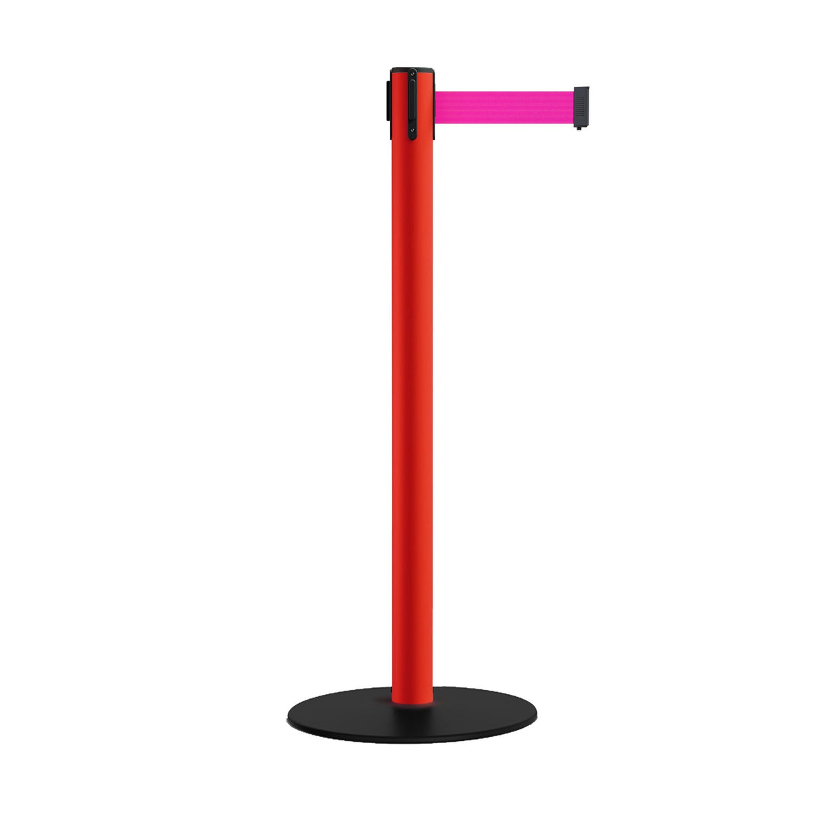 Safety Retractable Belt Barrier Stanchion, Low Profile Steel Base, Red Post, 9 Ft. Belt - Montour Line MSX630 - Crowd Control Warehouse
