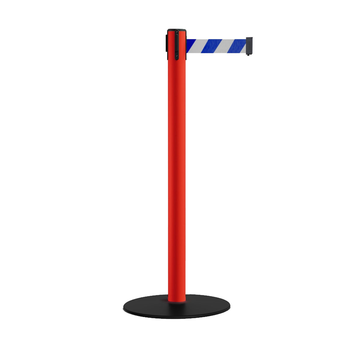 Safety Retractable Belt Barrier Stanchion, Low Profile Steel Base, Red Post, 9 Ft. Belt - Montour Line MSX630 - Crowd Control Warehouse
