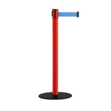 Safety Retractable Belt Barrier Stanchion, Low Profile Steel Base, Red Post, 9 Ft. Belt - Montour Line MSX630 - Crowd Control Warehouse