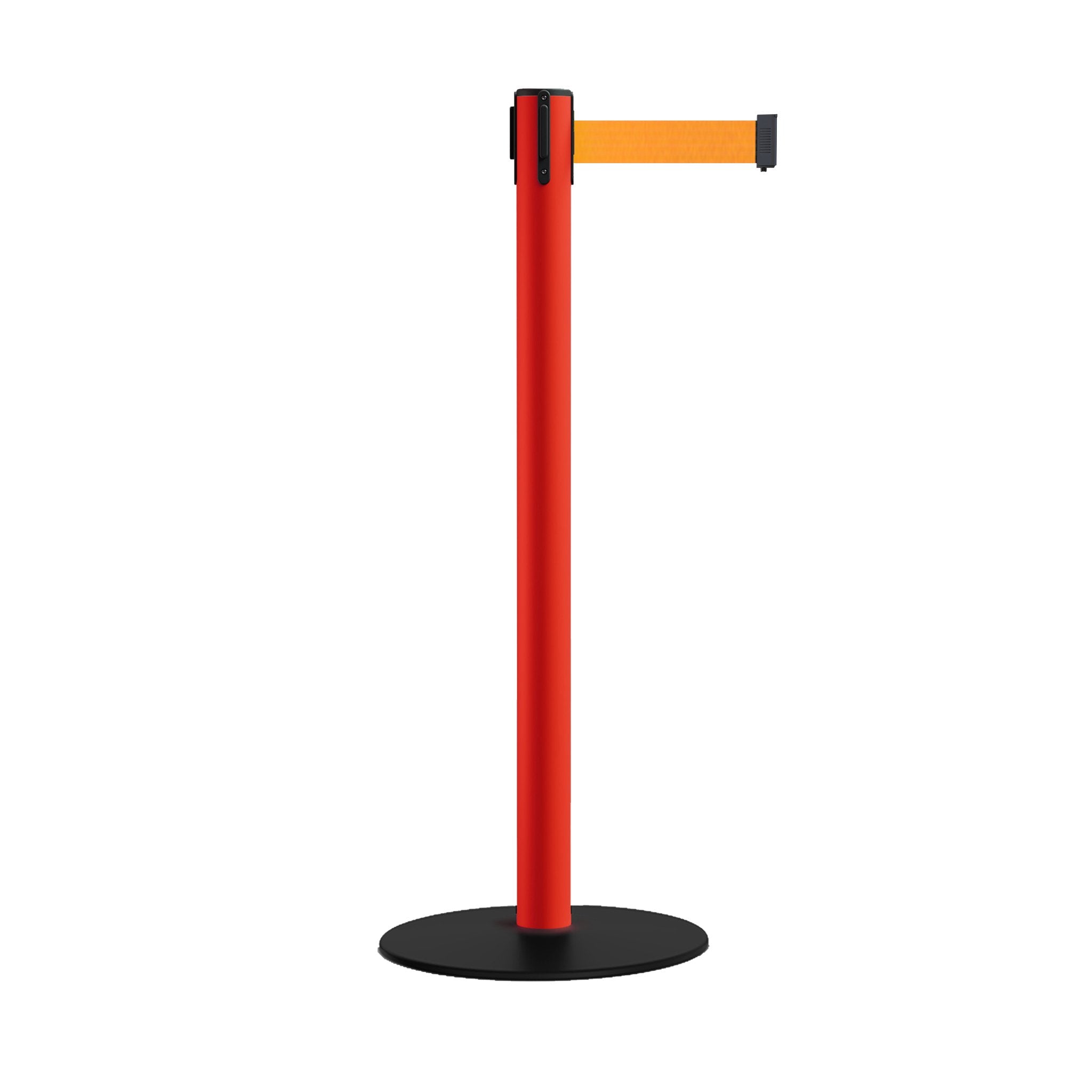 Safety Retractable Belt Barrier Stanchion, Low Profile Steel Base, Red Post, 9 Ft. Belt - Montour Line MSX630 - Crowd Control Warehouse