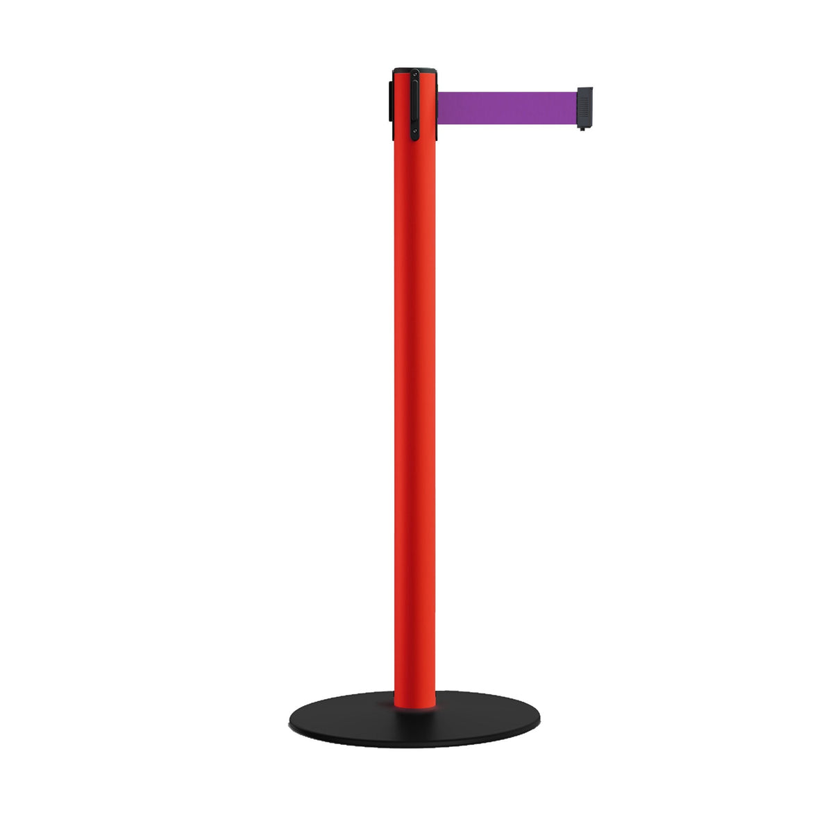Safety Retractable Belt Barrier Stanchion, Low Profile Steel Base, Red Post, 9 Ft. Belt - Montour Line MSX630 - Crowd Control Warehouse