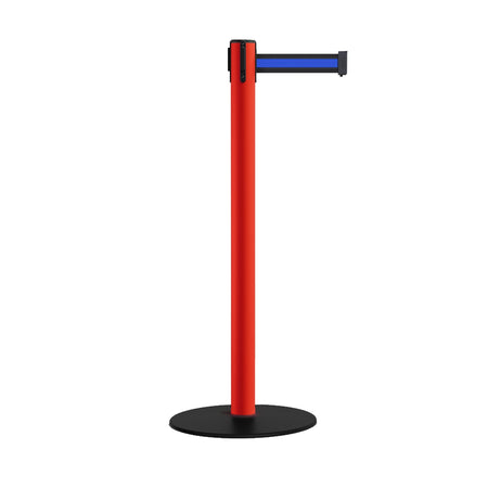 Safety Retractable Belt Barrier Stanchion, Low Profile Steel Base, Red Post, 9 Ft. Belt - Montour Line MSX630 - Crowd Control Warehouse