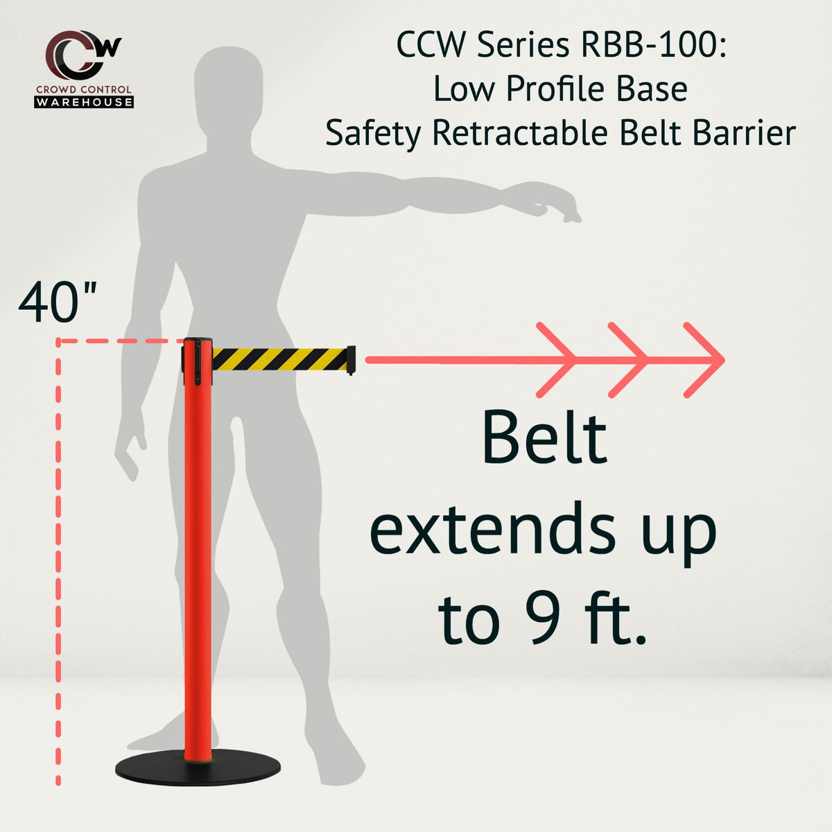 Safety Retractable Belt Barrier Stanchion, Low Profile Steel Base, Red Post, 9 Ft. Belt - Montour Line MSX630 - Crowd Control Warehouse
