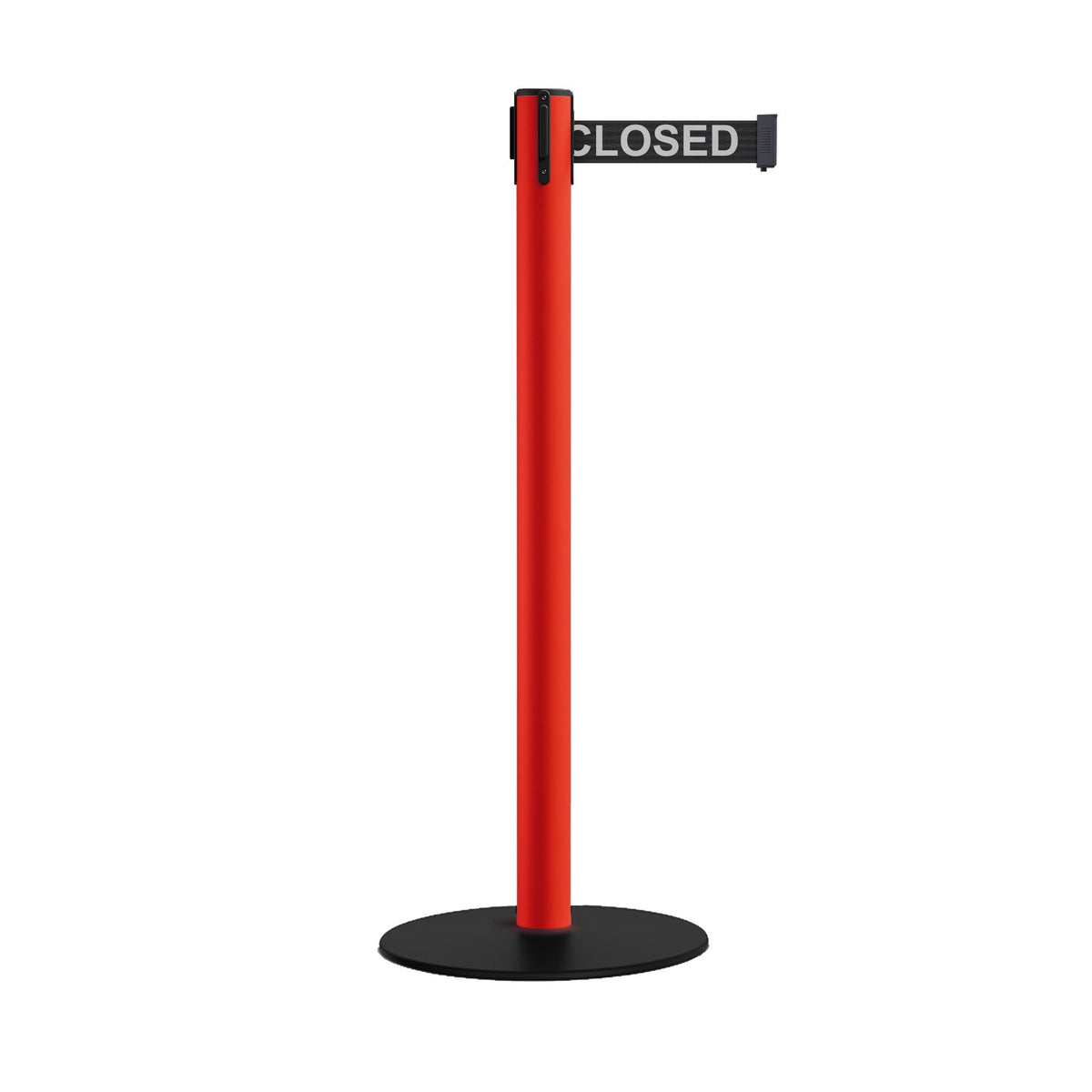 Safety Retractable Belt Barrier Stanchion, Low Profile Steel Base, Red Post, 9 Ft. Belt - Montour Line MSX630 - Crowd Control Warehouse