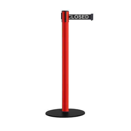 Safety Retractable Belt Barrier Stanchion, Low Profile Steel Base, Red Post, 9 Ft. Belt - Montour Line MSX630 - Crowd Control Warehouse