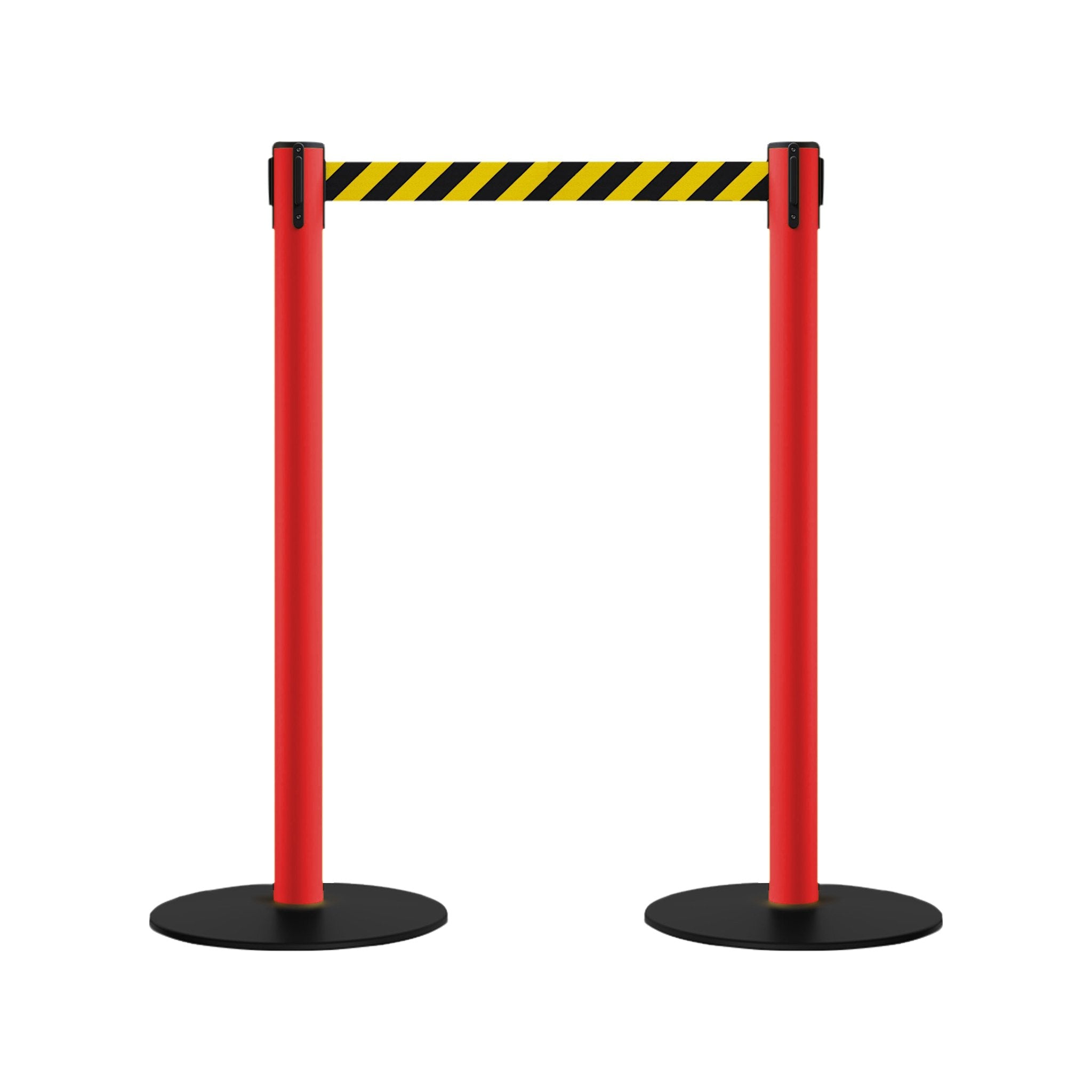 Safety Retractable Belt Barrier Stanchion, Low Profile Steel Base, Red Post, 9 Ft. Belt - Montour Line MSX630 - Crowd Control Warehouse