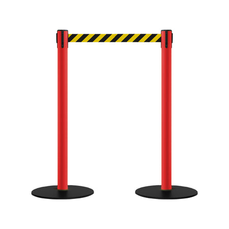 Safety Retractable Belt Barrier Stanchion, Low Profile Steel Base, Red Post, 9 Ft. Belt - Montour Line MSX630 - Crowd Control Warehouse