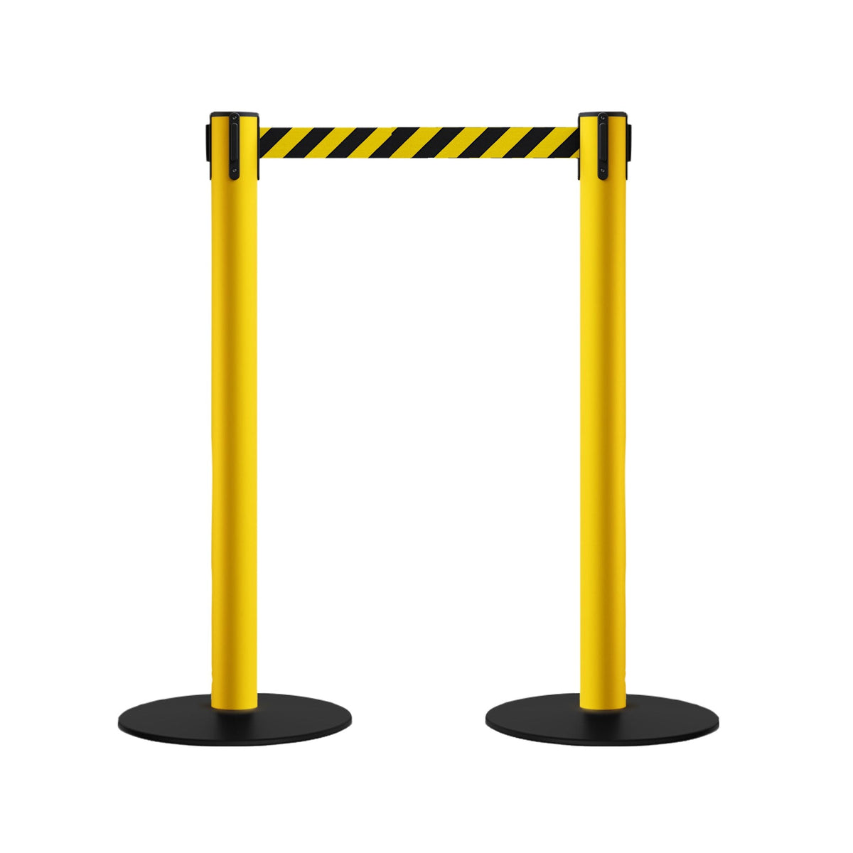 Safety Retractable Belt Barrier Stanchion, Low Profile Steel Base, Yellow Post, 14 or 16 Ft. Belt - Montour Line MSX650 - Crowd Control Warehouse