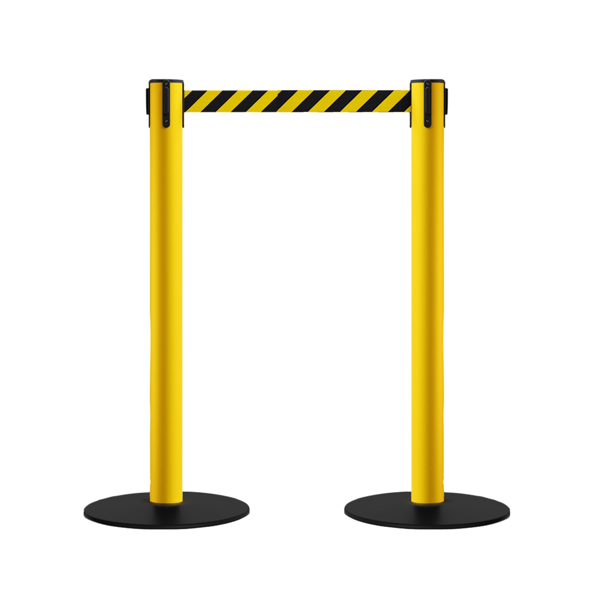 Safety Retractable Belt Barrier Stanchion, Low Profile Steel Base, Yellow Post, 14 or 16 Ft. Belt - Montour Line MSX650 - Crowd Control Warehouse