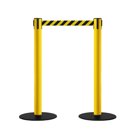 Safety Retractable Belt Barrier Stanchion, Low Profile Steel Base, Yellow Post, 14 or 16 Ft. Belt - Montour Line MSX650 - Crowd Control Warehouse