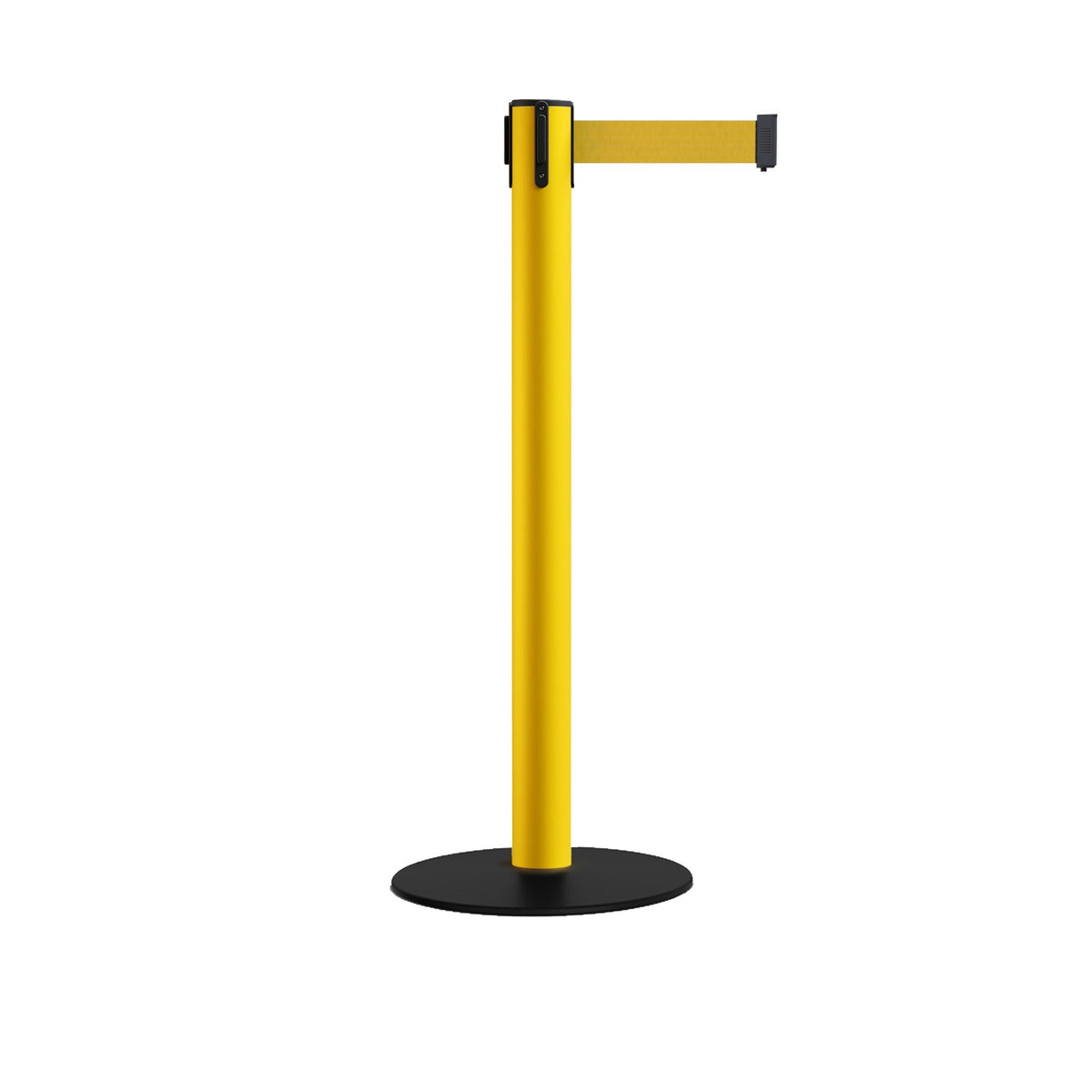 Safety Retractable Belt Barrier Stanchion, Low Profile Steel Base, Yellow Post, 14 or 16 Ft. Belt - Montour Line MSX650 - Crowd Control Warehouse