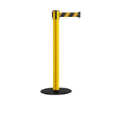 Safety Retractable Belt Barrier Stanchion, Low Profile Steel Base, Yellow Post, 14 or 16 Ft. Belt - Montour Line MSX650 - Crowd Control Warehouse