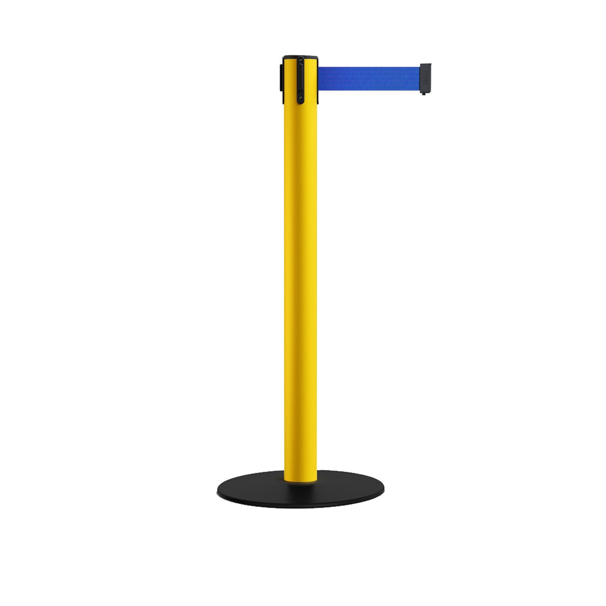Safety Retractable Belt Barrier Stanchion, Low Profile Steel Base, Yellow Post, 14 or 16 Ft. Belt - Montour Line MSX650 - Crowd Control Warehouse