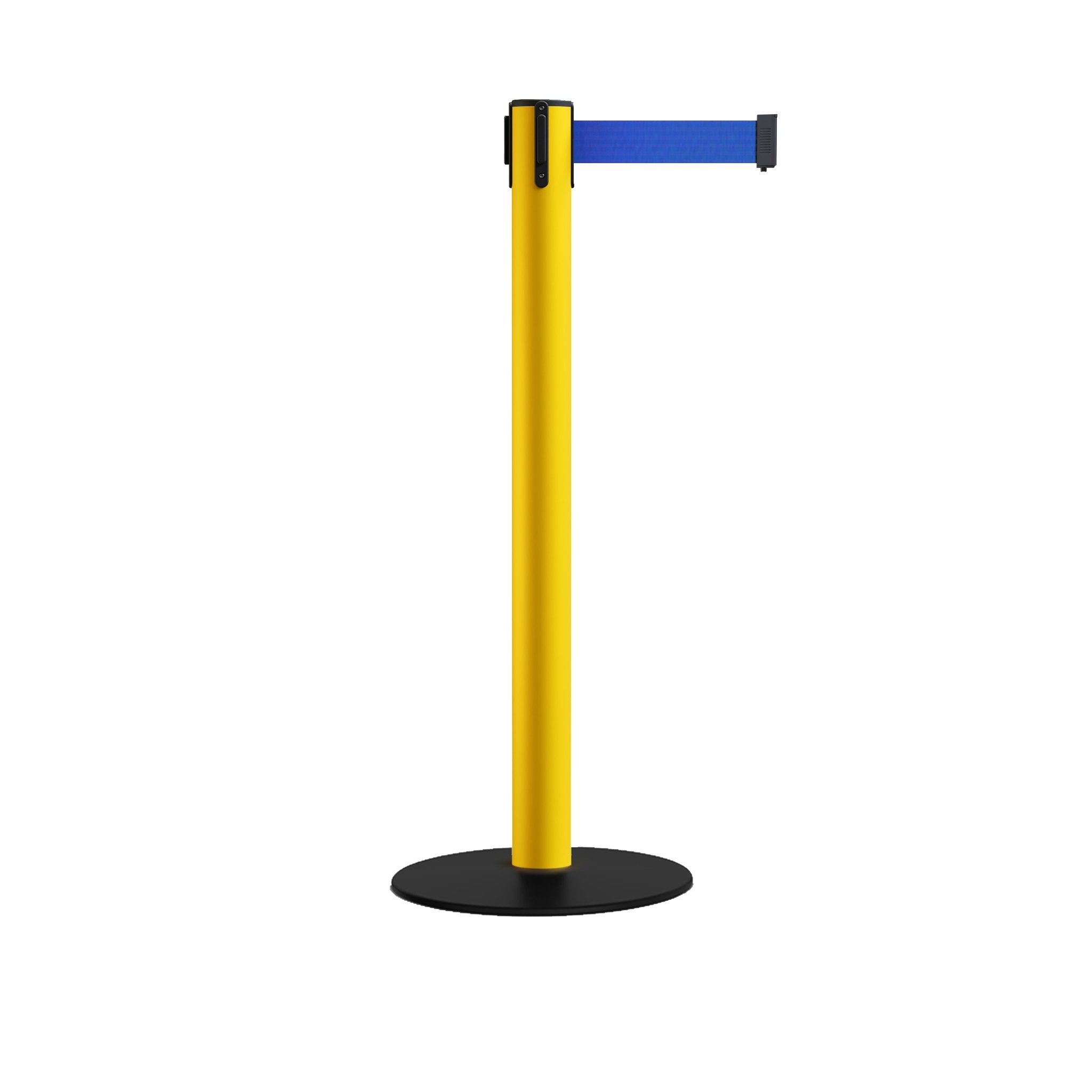 Safety Retractable Belt Barrier Stanchion, Low Profile Steel Base, Yellow Post, 14 or 16 Ft. Belt - Montour Line MSX650 - Crowd Control Warehouse