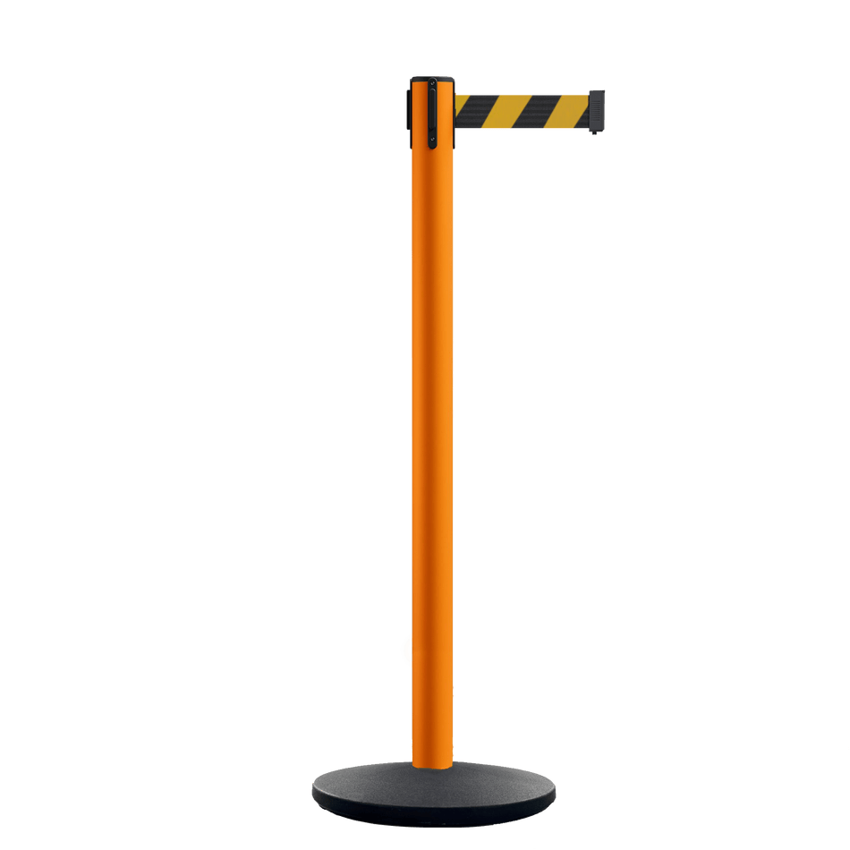 Safety Retractable Belt Barrier Stanchion, Orange Post with Heavy Duty Cast Iron Base, 14 ft Belt – Montour Line MI650 - Crowd Control Warehouse