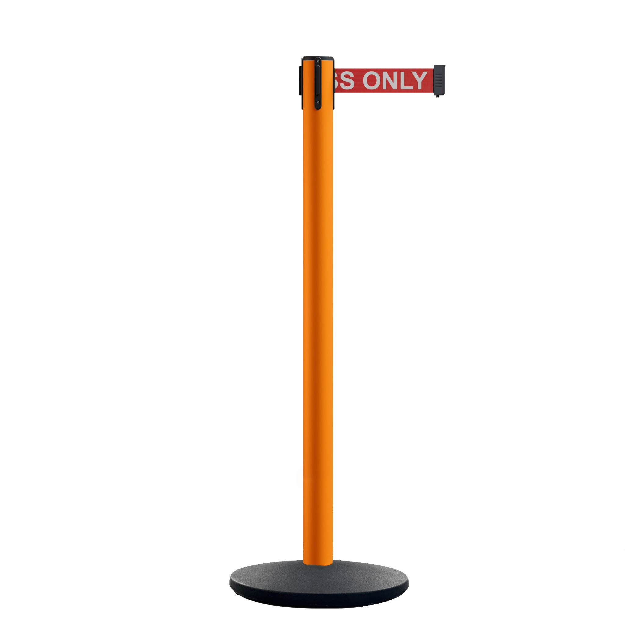 Safety Retractable Belt Barrier Stanchion, Orange Post with Heavy Duty Cast Iron Base, 14 ft Belt – Montour Line MI650 - Crowd Control Warehouse
