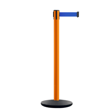 Safety Retractable Belt Barrier Stanchion, Orange Post with Heavy Duty Cast Iron Base, 14 ft Belt – Montour Line MI650 - Crowd Control Warehouse