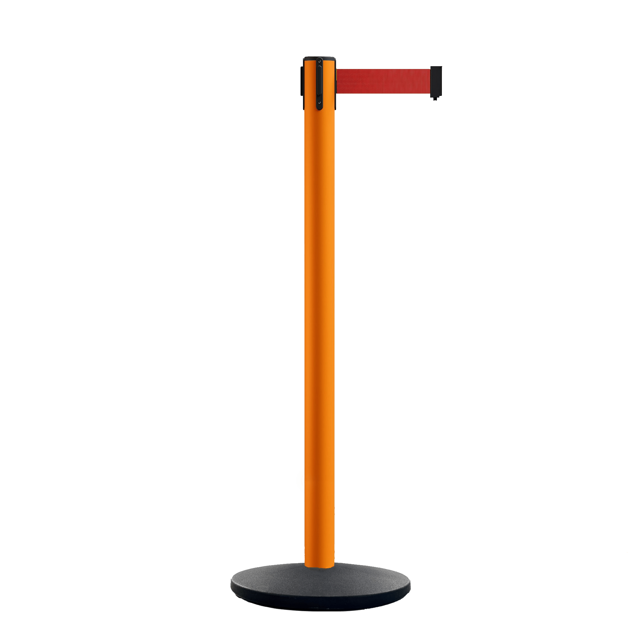 Safety Retractable Belt Barrier Stanchion, Orange Post with Heavy Duty Cast Iron Base, 14 ft Belt – Montour Line MI650 - Crowd Control Warehouse