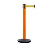 Safety Retractable Belt Barrier Stanchion, Orange Post with Heavy Duty Cast Iron Base, 14 ft Belt – Montour Line MI650 - Crowd Control Warehouse