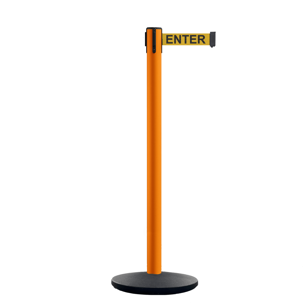 Safety Retractable Belt Barrier Stanchion, Orange Post with Heavy Duty Cast Iron Base, 16 ft Belt – Montour Line MI650 - Crowd Control Warehouse