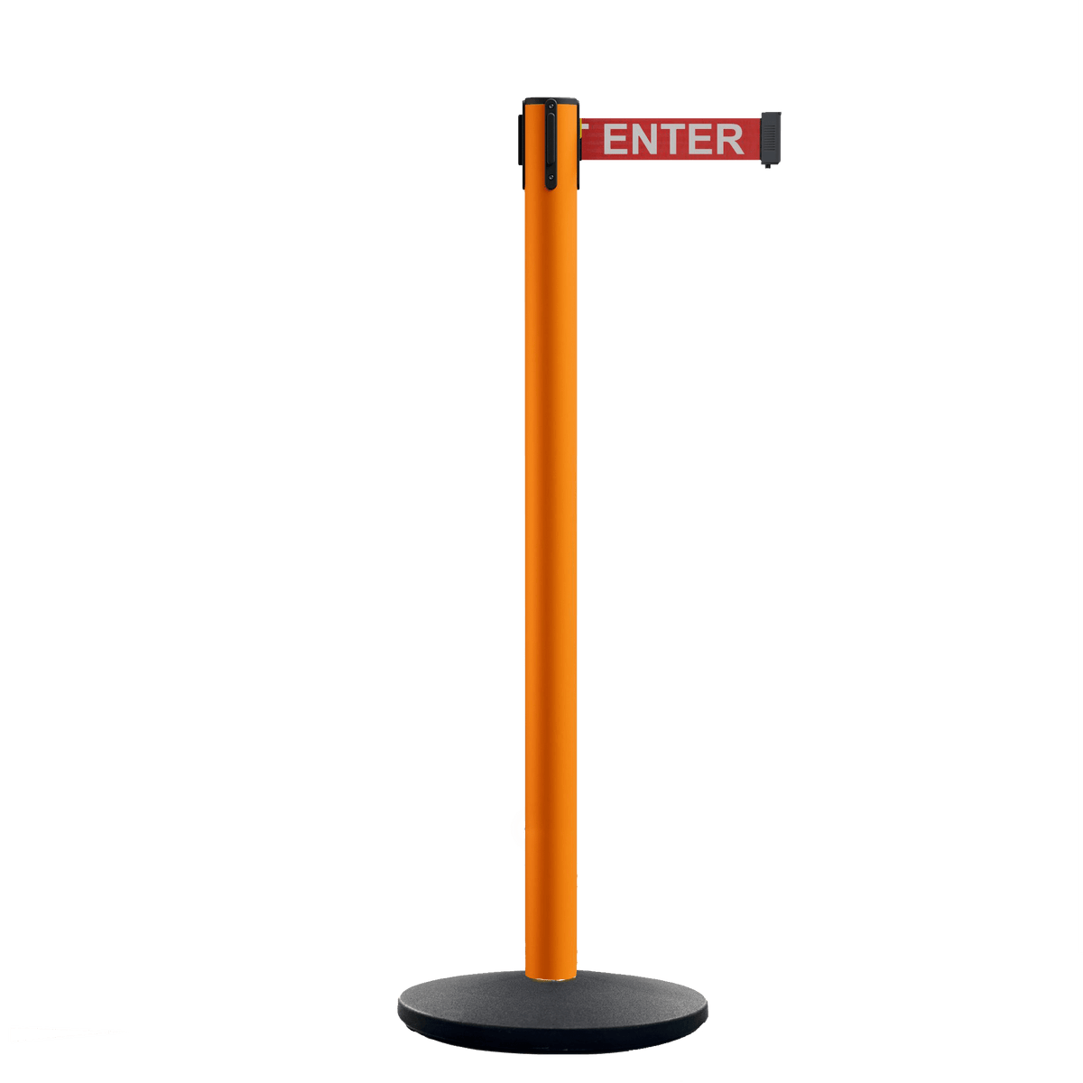 Safety Retractable Belt Barrier Stanchion, Orange Post with Heavy Duty Cast Iron Base, 16 ft Belt – Montour Line MI650 - Crowd Control Warehouse