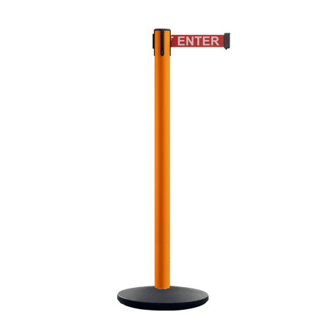 Safety Retractable Belt Barrier Stanchion, Orange Post with Heavy Duty Cast Iron Base, 16 ft Belt – Montour Line MI650 - Crowd Control Warehouse