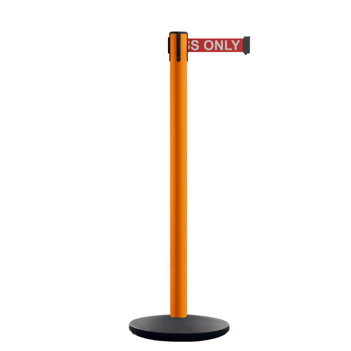 Safety Retractable Belt Barrier Stanchion, Orange Post with Heavy Duty Cast Iron Base, 16 ft Belt – Montour Line MI650 - Crowd Control Warehouse
