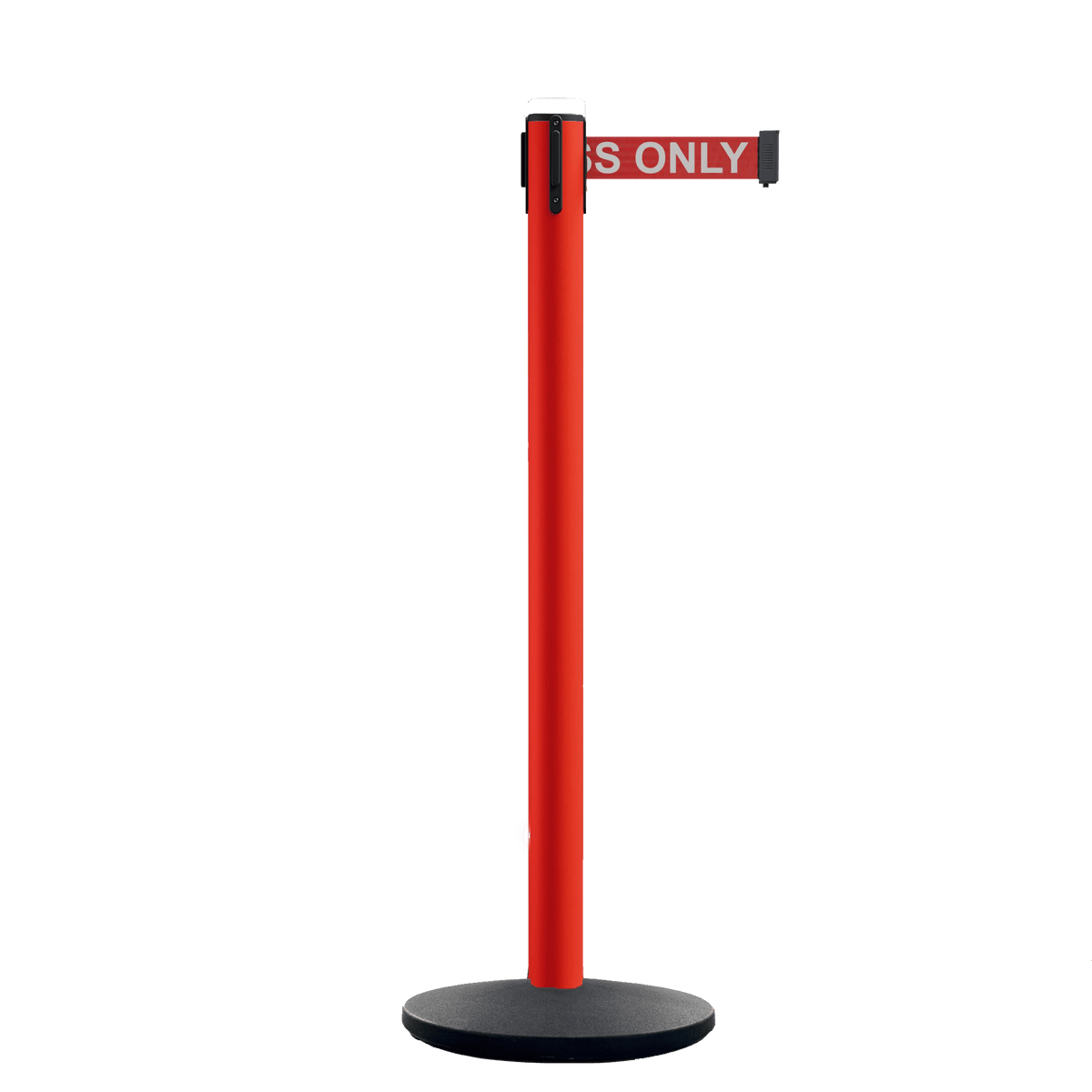 Safety Retractable Belt Barrier Stanchion, Red Post with Heavy Duty Cast Iron Base, 14 ft Belt – Montour Line MI650 - Crowd Control Warehouse