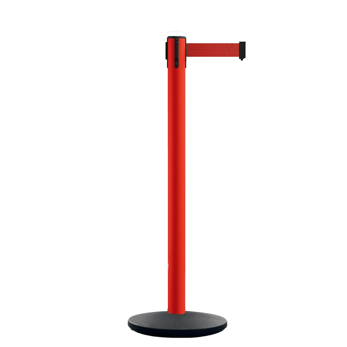 Safety Retractable Belt Barrier Stanchion, Red Post with Heavy Duty Cast Iron Base, 16 ft Belt – Montour Line MSI650 - Crowd Control Warehouse