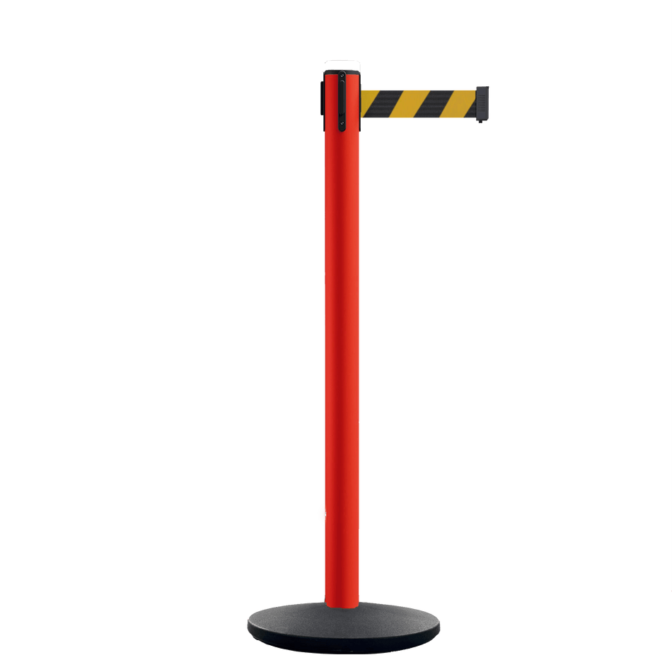 Safety Retractable Belt Barrier Stanchion, Red Post with Heavy Duty Cast Iron Base, 16 ft Belt – Montour Line MSI650 - Crowd Control Warehouse