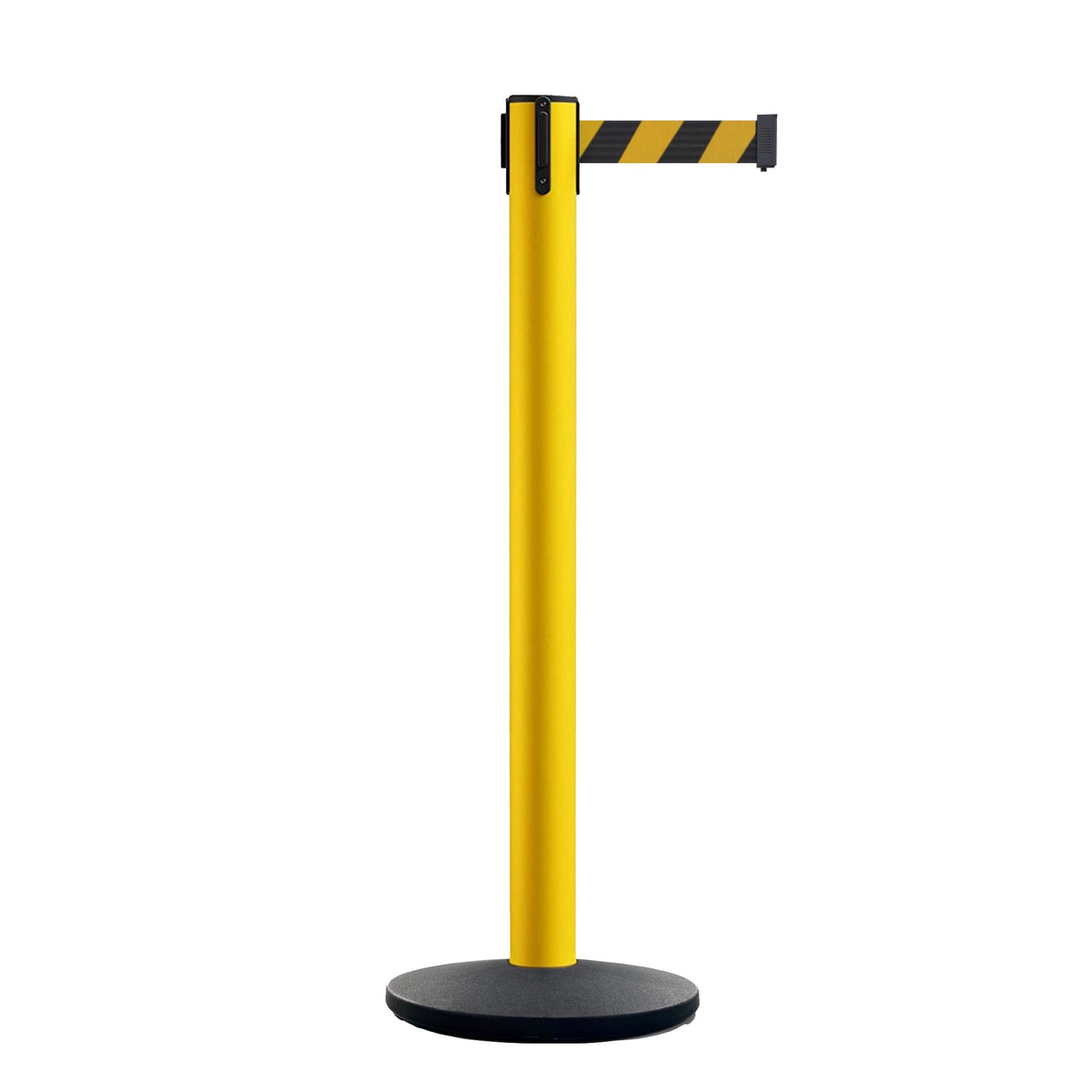 Safety Retractable Belt Barrier Stanchion, Yellow Post with Heavy Duty Cast Iron Base, 14 ft Belt – Montour Line MI650 - Crowd Control Warehouse