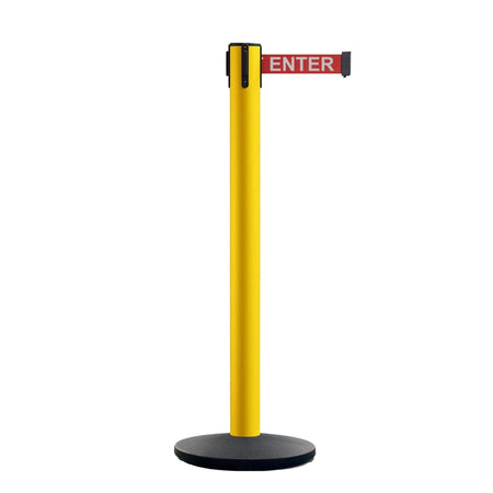 Safety Retractable Belt Barrier Stanchion, Yellow Post with Heavy Duty Cast Iron Base, 14 ft Belt – Montour Line MI650 - Crowd Control Warehouse