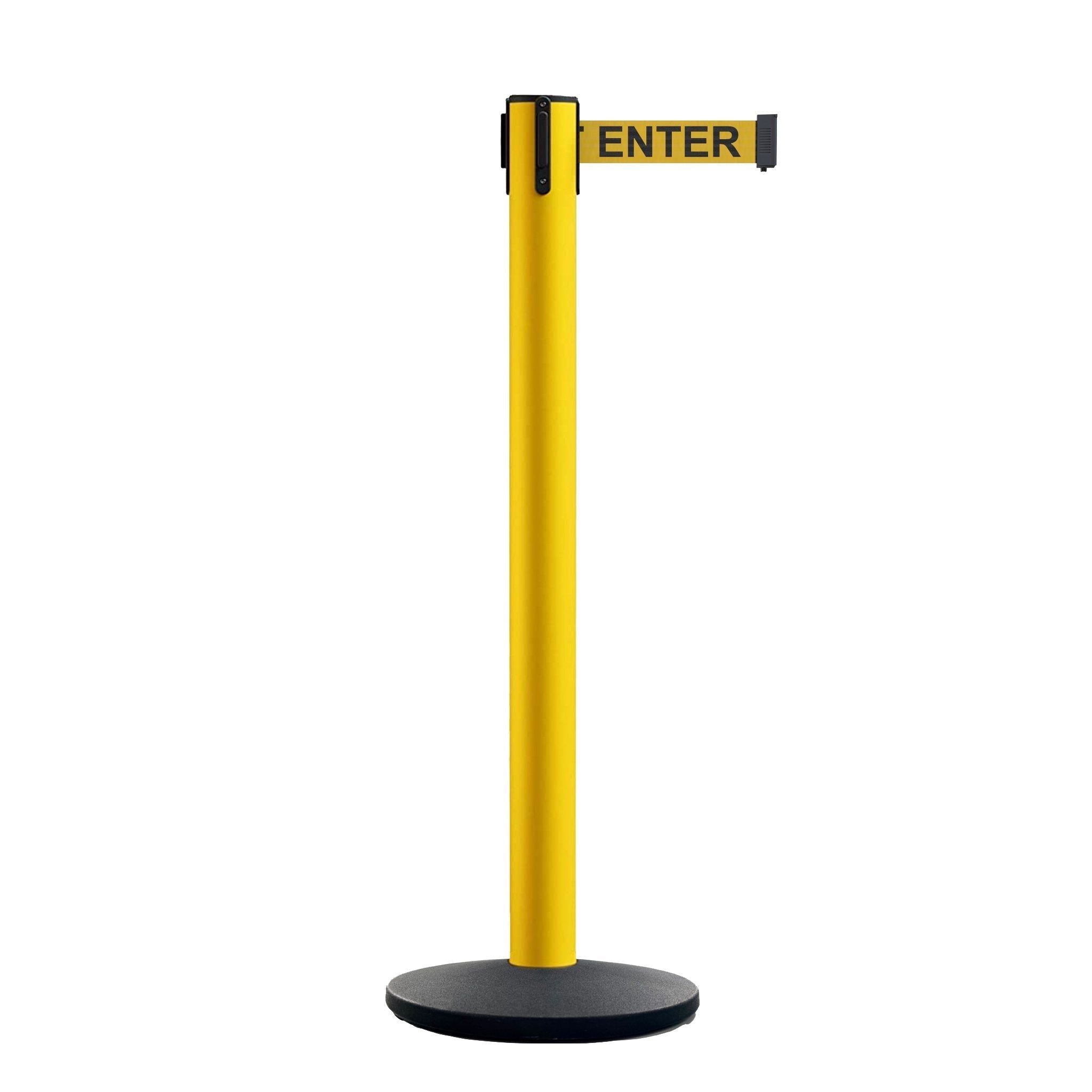 Safety Retractable Belt Barrier Stanchion, Yellow Post with Heavy Duty Cast Iron Base, 14 ft Belt – Montour Line MI650 - Crowd Control Warehouse