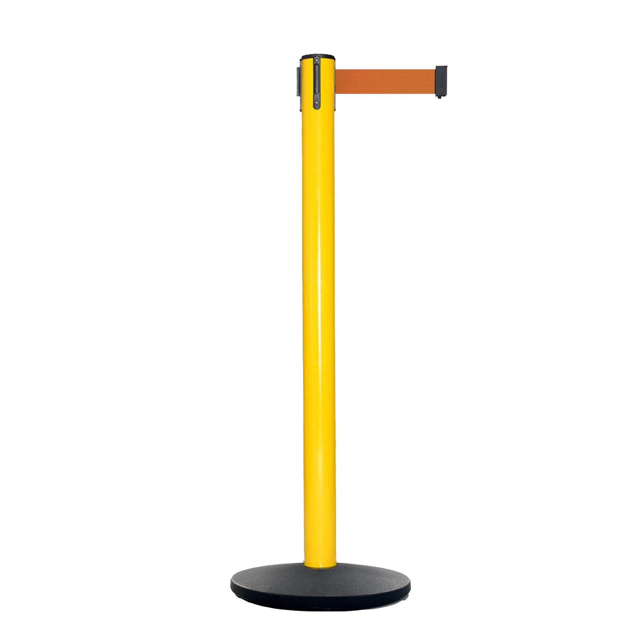Safety Retractable Belt Barrier Stanchion, Yellow Post with Heavy Duty Cast Iron Base, 14 ft Belt – Montour Line MI650 - Crowd Control Warehouse