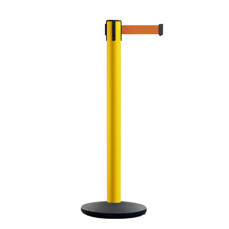 Safety Retractable Belt Barrier Stanchion, Yellow Post with Heavy Duty Cast Iron Base, 16 ft Belt – Montour Line MI650 - Crowd Control Warehouse