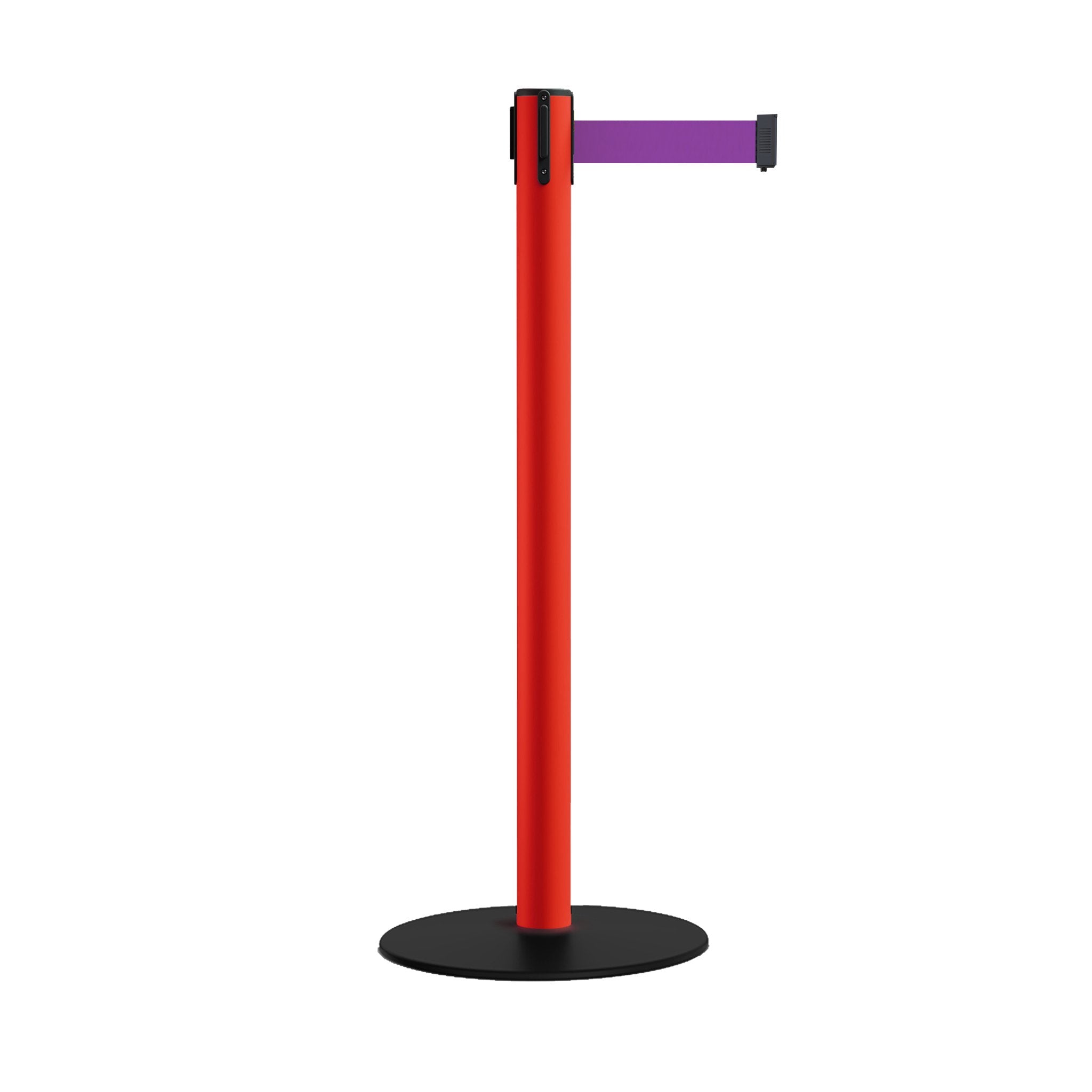 Safety Stanchion Retractable Belt Barriers, Low Profile Steel Base, Red Post, 7.5 Ft. Belt - Montour Line MSX630 - Crowd Control Warehouse