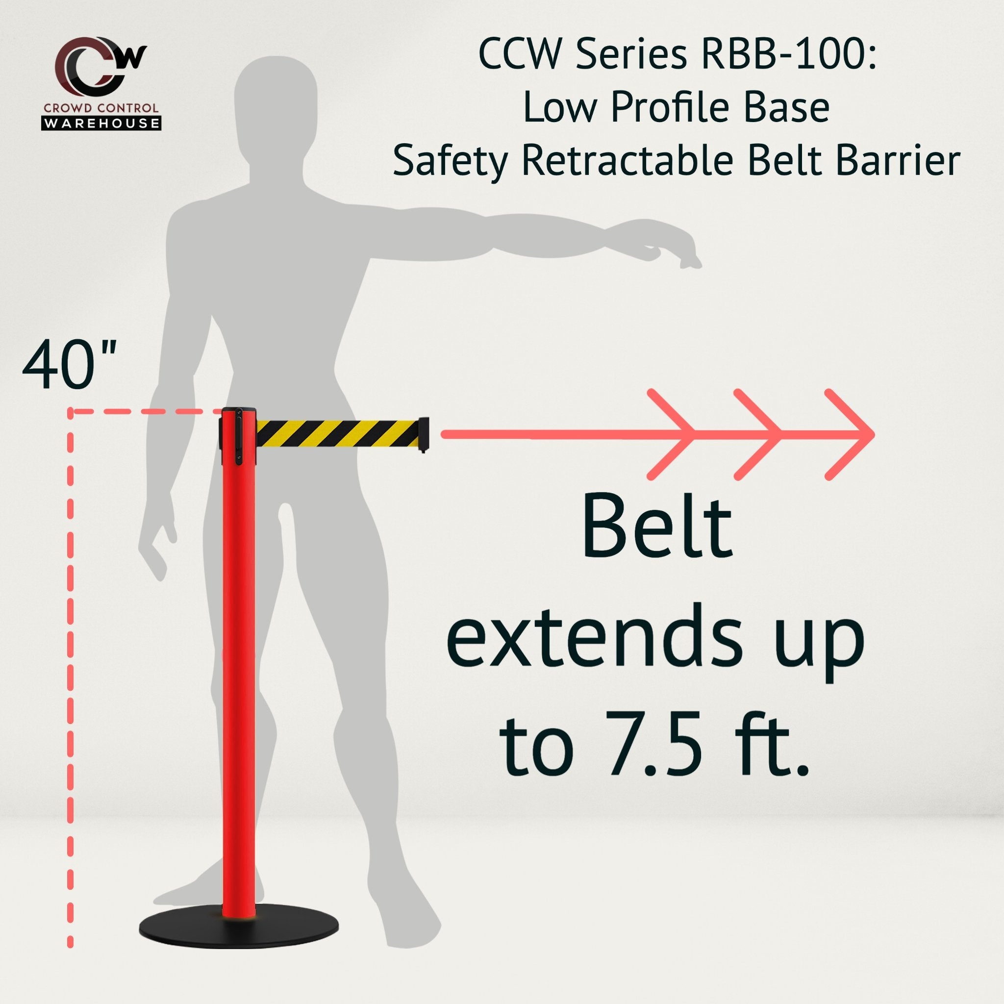 Safety Stanchion Retractable Belt Barriers, Low Profile Steel Base, Red Post, 7.5 Ft. Belt - Montour Line MSX630 - Crowd Control Warehouse