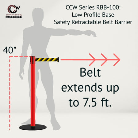 Safety Stanchion Retractable Belt Barriers, Low Profile Steel Base, Red Post, 7.5 Ft. Belt - Montour Line MSX630 - Crowd Control Warehouse