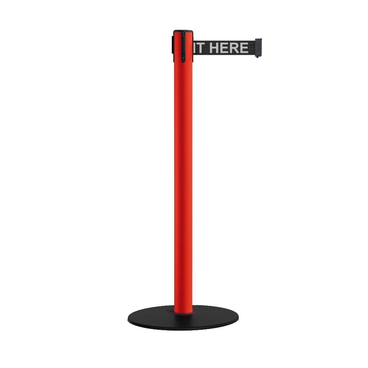 Safety Stanchion Retractable Belt Barriers, Low Profile Steel Base, Red Post, 7.5 Ft. Belt - Montour Line MSX630 - Crowd Control Warehouse