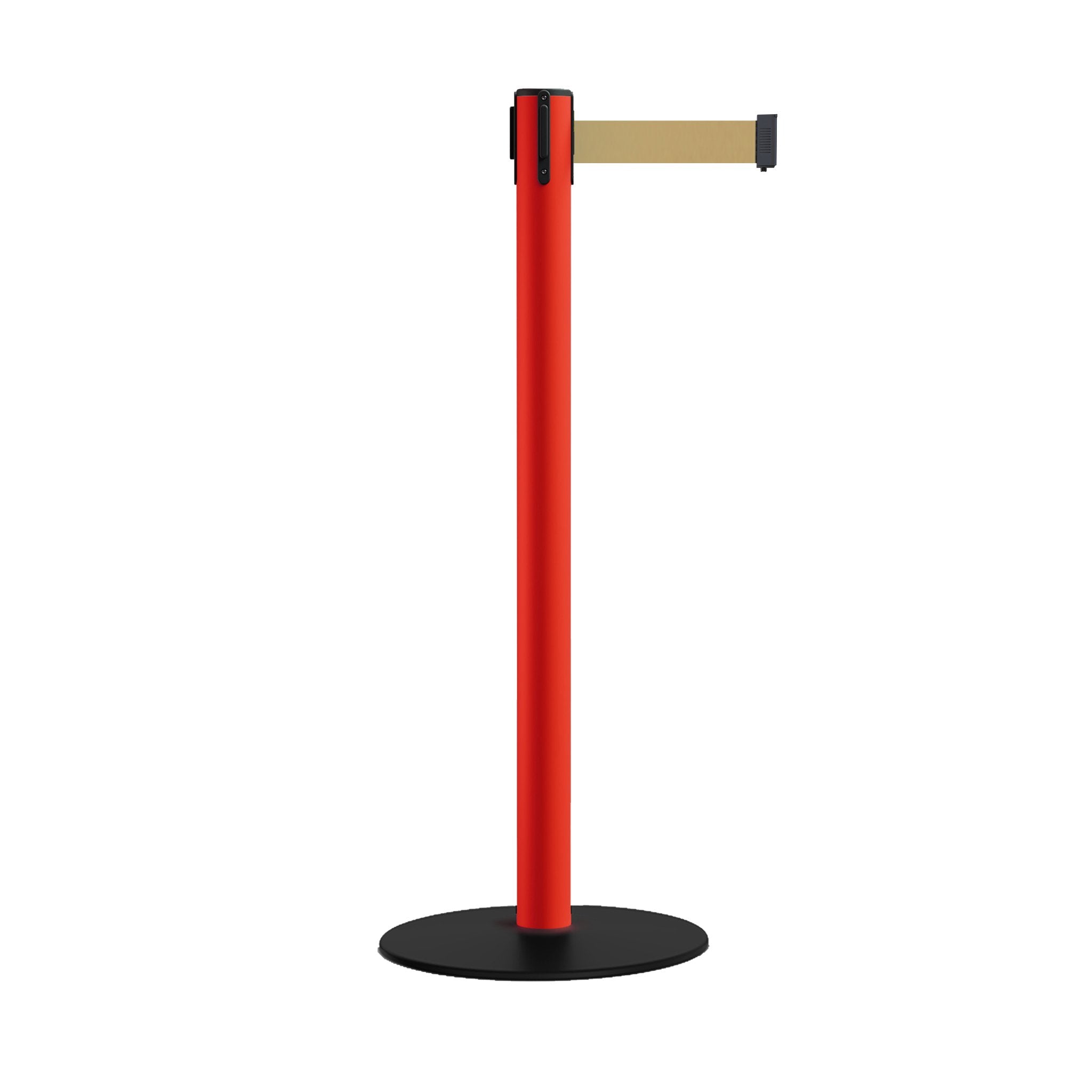 Safety Stanchion Retractable Belt Barriers, Low Profile Steel Base, Red Post, 7.5 Ft. Belt - Montour Line MSX630 - Crowd Control Warehouse