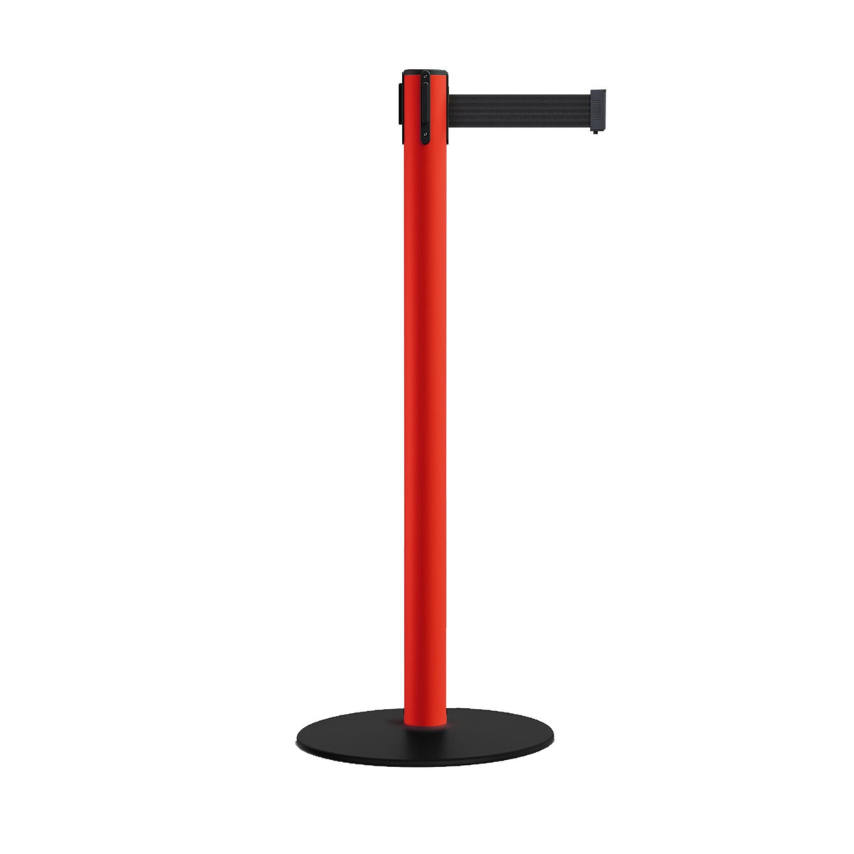 Safety Stanchion Retractable Belt Barriers, Low Profile Steel Base, Red Post, 7.5 Ft. Belt - Montour Line MSX630 - Crowd Control Warehouse