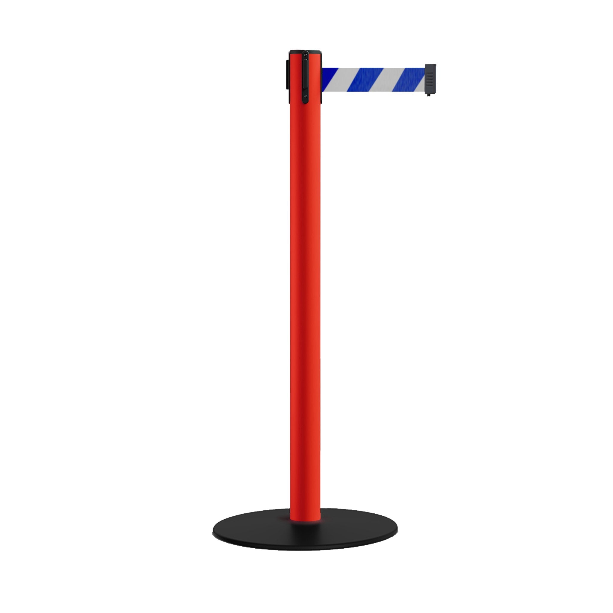 Safety Stanchion Retractable Belt Barriers, Low Profile Steel Base, Red Post, 7.5 Ft. Belt - Montour Line MSX630 - Crowd Control Warehouse