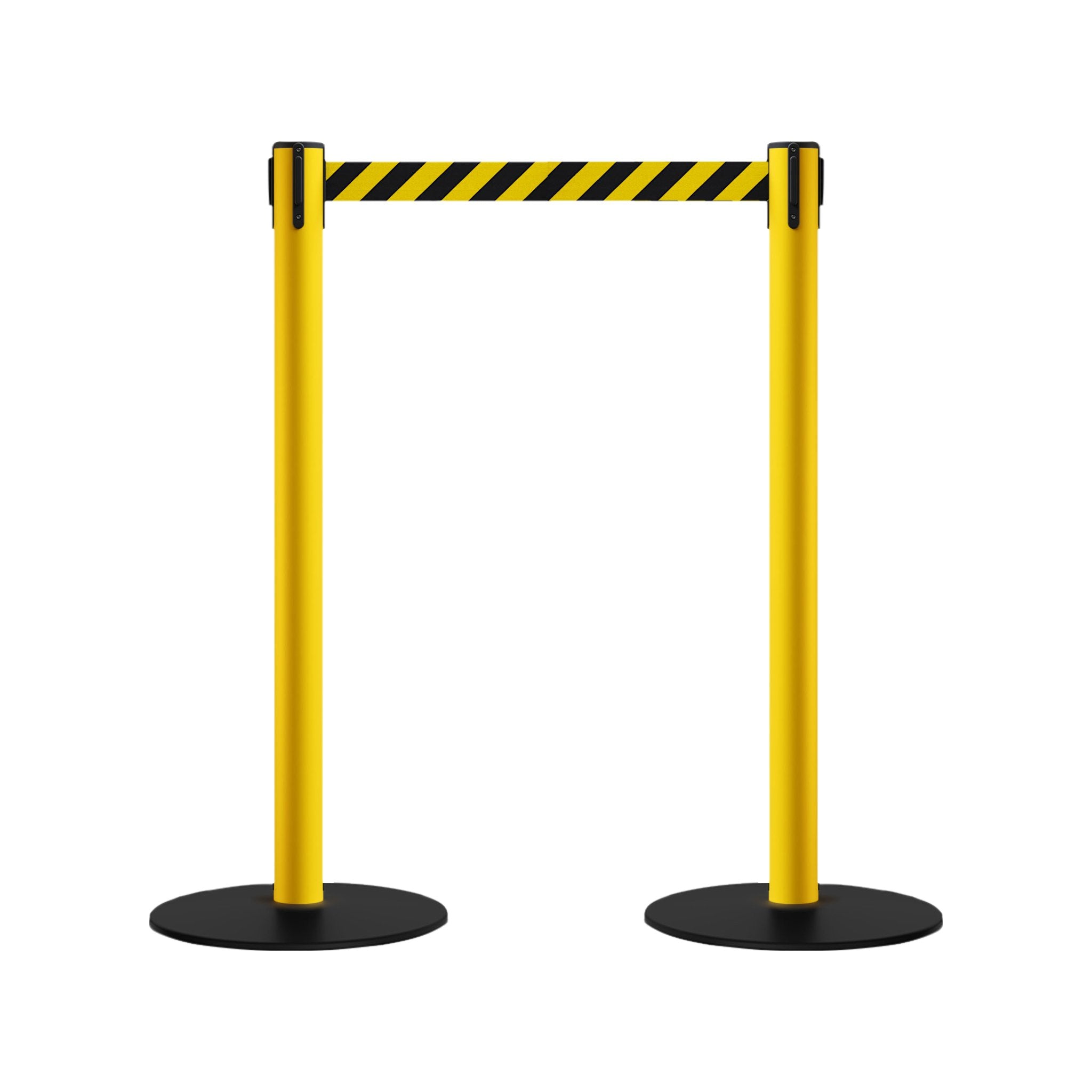 Safety Stanchion Retractable Belt Barriers, Low Profile Steel Base, Yellow Post, 11 Ft. Belt - Montour Line MSX630 - Crowd Control Warehouse