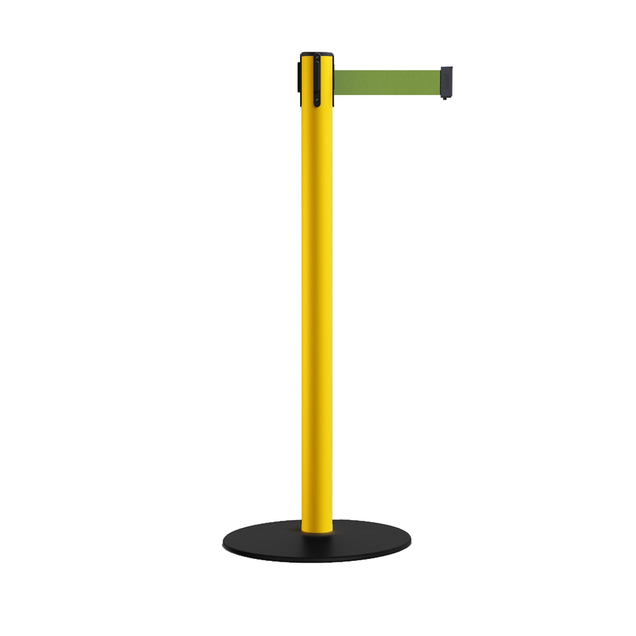 Safety Stanchion Retractable Belt Barriers, Low Profile Steel Base, Yellow Post, 11 Ft. Belt - Montour Line MSX630 - Crowd Control Warehouse
