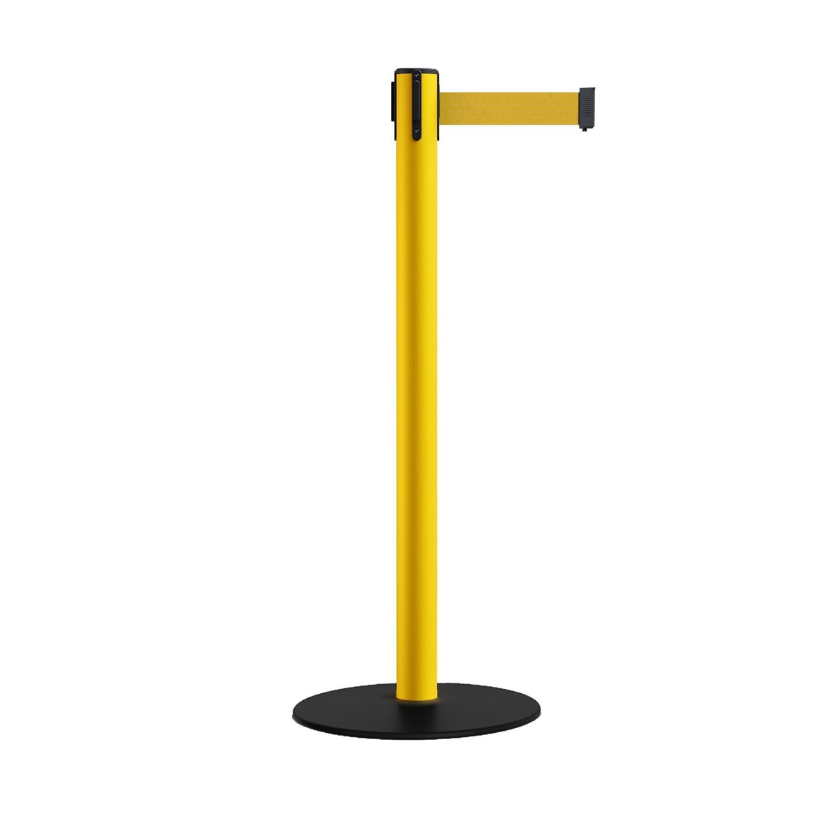 Safety Stanchion Retractable Belt Barriers, Low Profile Steel Base, Yellow Post, 11 Ft. Belt - Montour Line MSX630 - Crowd Control Warehouse