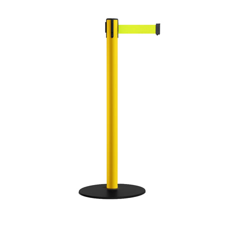 Safety Stanchion Retractable Belt Barriers, Low Profile Steel Base, Yellow Post, 11 Ft. Belt - Montour Line MSX630 - Crowd Control Warehouse