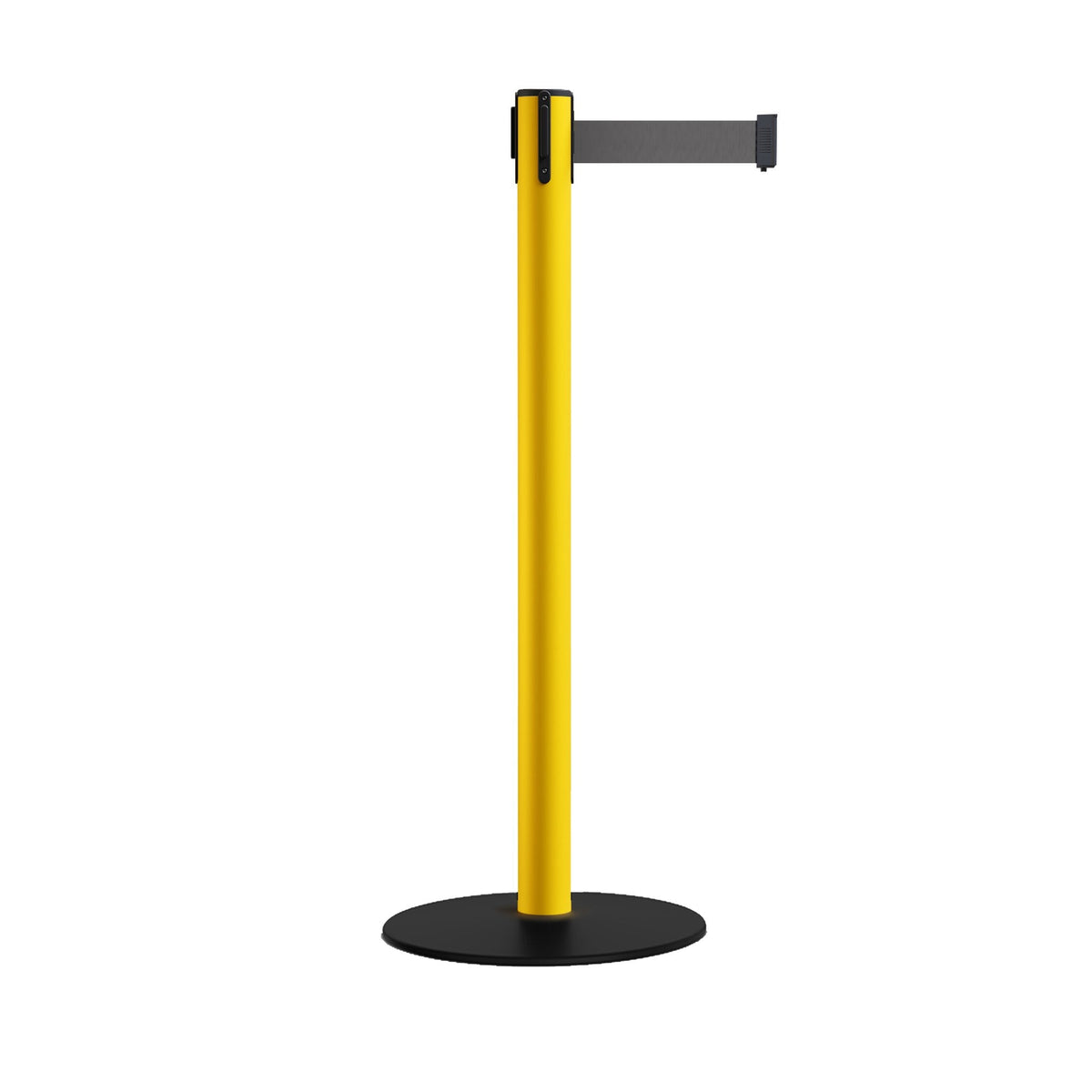 Safety Stanchion Retractable Belt Barriers, Low Profile Steel Base, Yellow Post, 11 Ft. Belt - Montour Line MSX630 - Crowd Control Warehouse