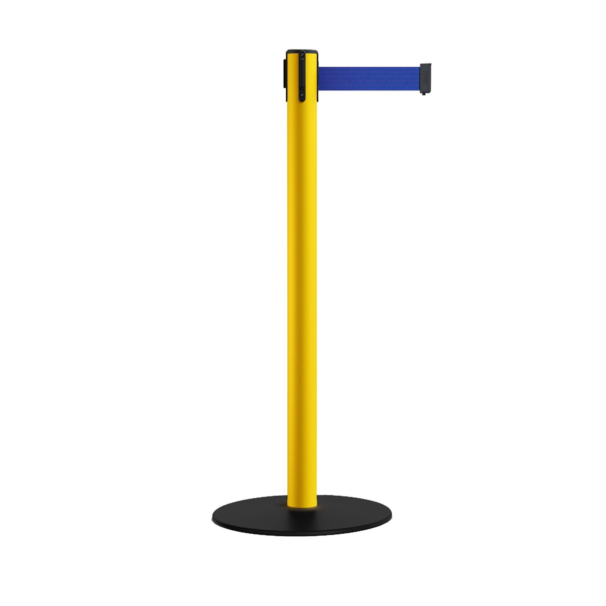 Safety Stanchion Retractable Belt Barriers, Low Profile Steel Base, Yellow Post, 11 Ft. Belt - Montour Line MSX630 - Crowd Control Warehouse