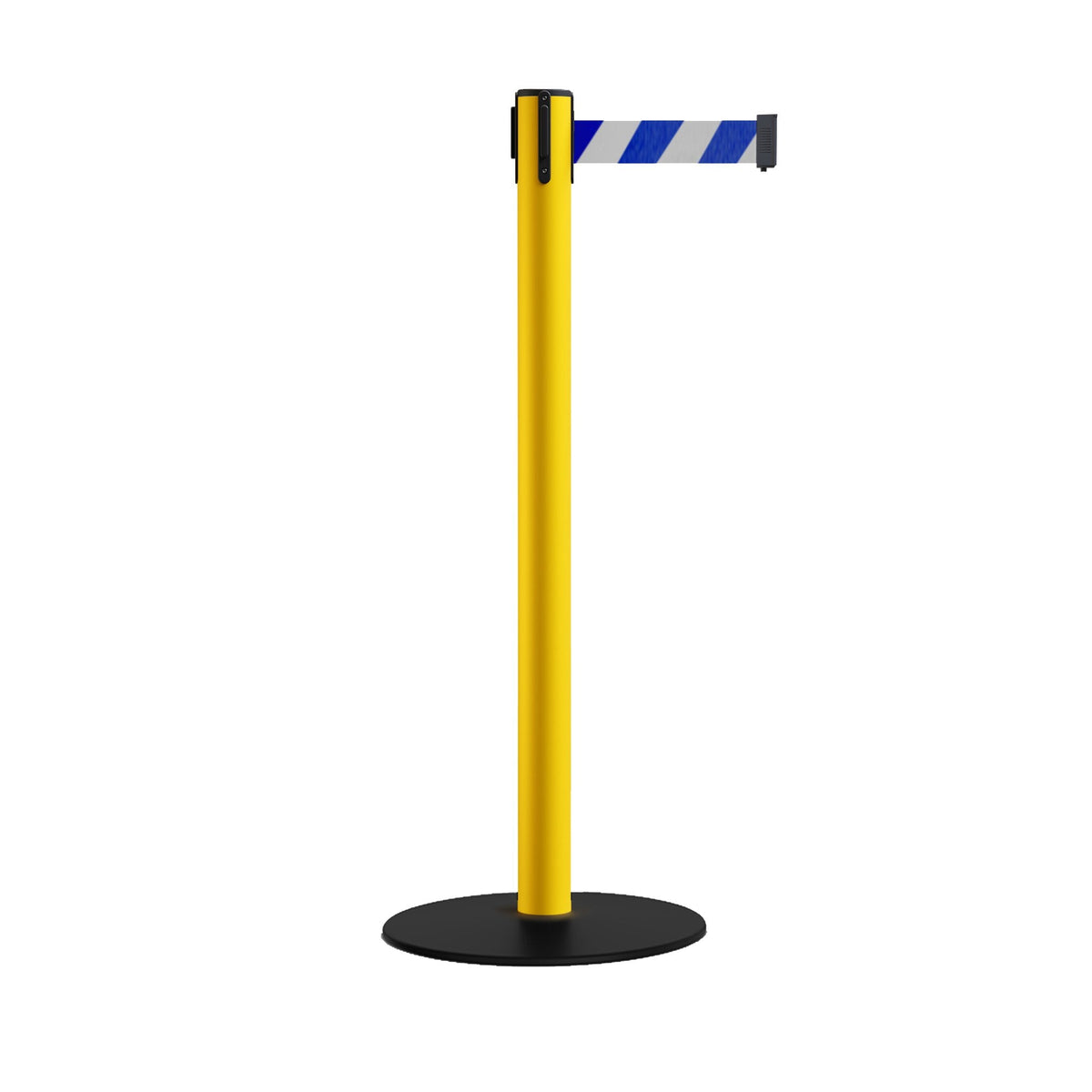 Safety Stanchion Retractable Belt Barriers, Low Profile Steel Base, Yellow Post, 11 Ft. Belt - Montour Line MSX630 - Crowd Control Warehouse