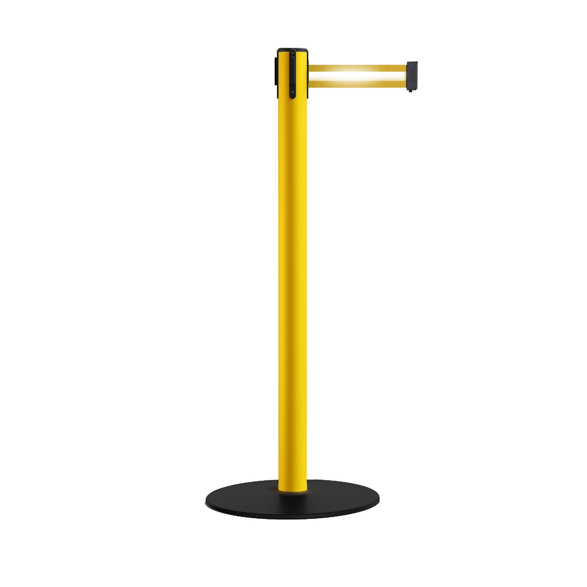 Safety Stanchion Retractable Belt Barriers, Low Profile Steel Base, Yellow Post, 7.5 Ft. Belt - Montour Line MSX630 - Crowd Control Warehouse